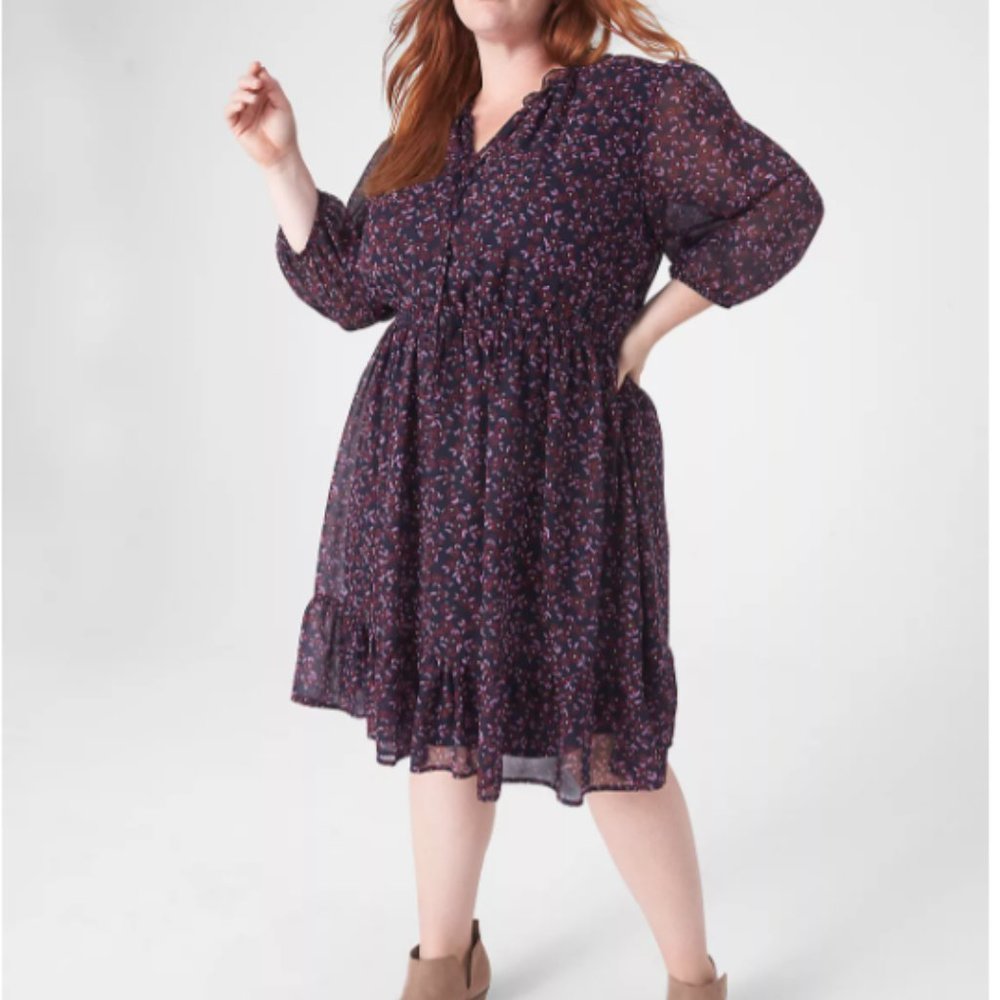 Lane Bryant Purple  3/4-Sleeve Notch-Neck Fit & Flare Dress Size 18